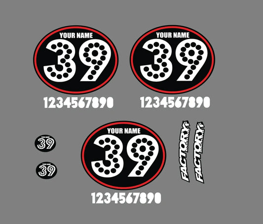 Ensemble de 3 plaques d’immatriculation de motocross vintage Autocollant Ovales VOTRE # VOTRE NOM (Décalcomanies uniquement) Couleurs personnalisées dotty