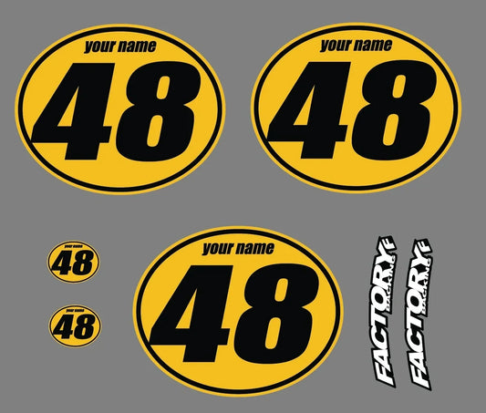 Set of 3 Vintage mx Custom Pre Printed Number plate Backgrounds Ovals Am Italic (Decals only)Custom colors YBG