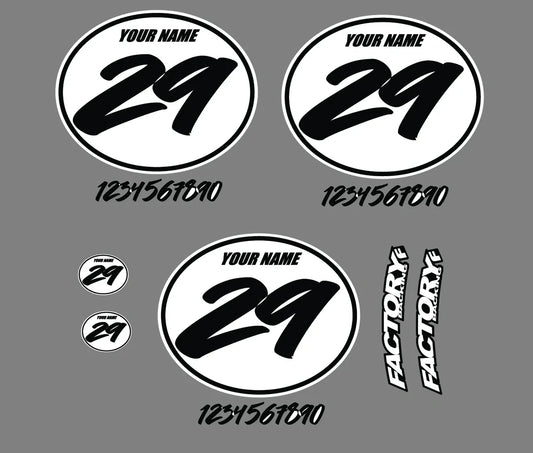 Set of 3 Vintage motocross number plates Sticker Ovals YOUR # YOUR NAME (Decals only)
