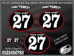 Set of 3 70's Vintage motocross number plates Sticker Ovals YOUR # YOUR NAME (Decals only) Custom colors