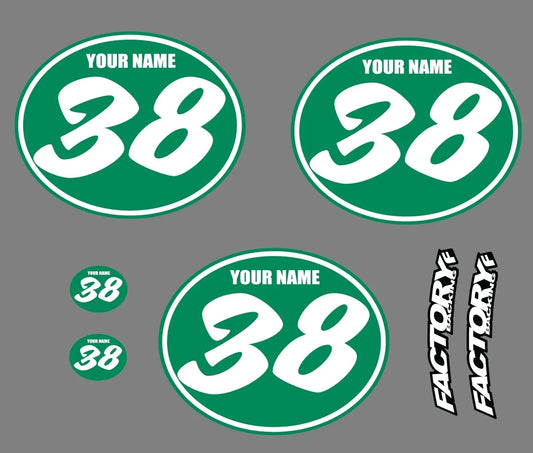 Satz mit 3 Vintage-Motocross-Nummernschildern, ovale Aufkleber, IHRE #, IHR NAME (nur Aufkleber) 