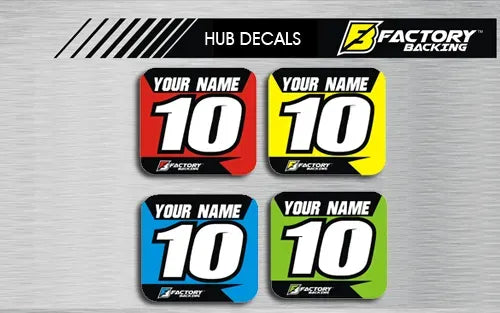 HUB DECAL SET STYLE #3 *CHOOSE NAME/ NUMBER/ COLOR – Factory Backing