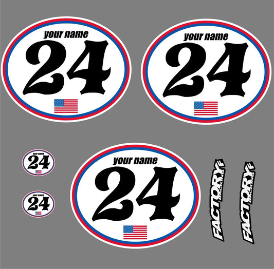 3er Set USA Vintage Motocross Nummernschilder Aufkleber Ovale IHRE # IHR NAME (Nur Aufkleber) 